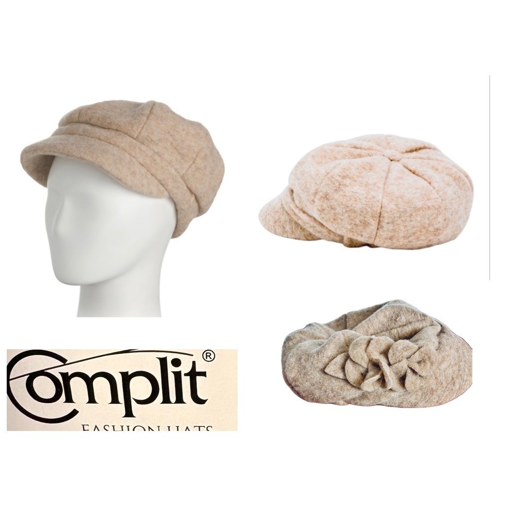 Complit Italian Wool Blend Heather Beige Floral Applique Accent Newsboy Hat
